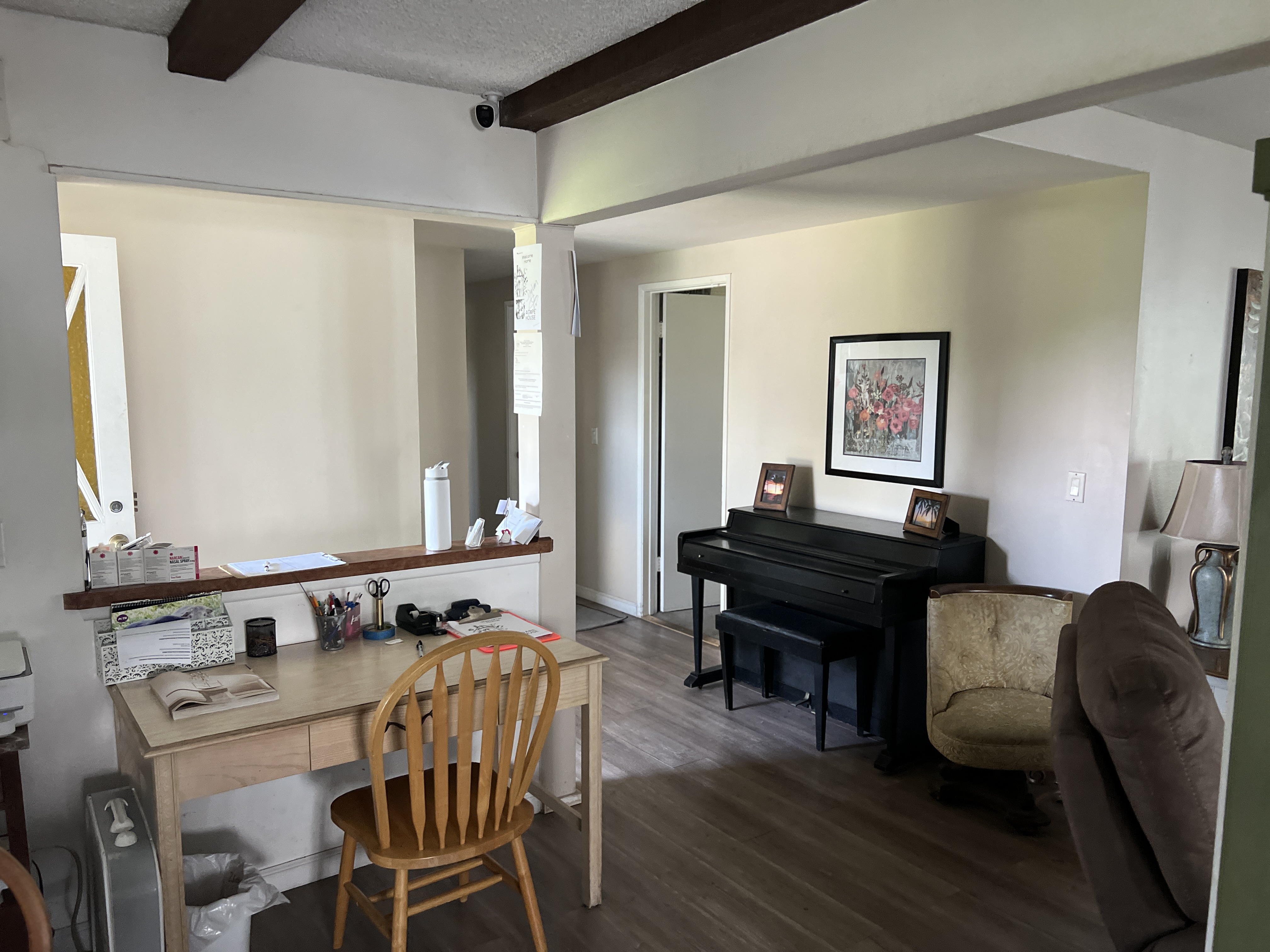 Piano and seating area