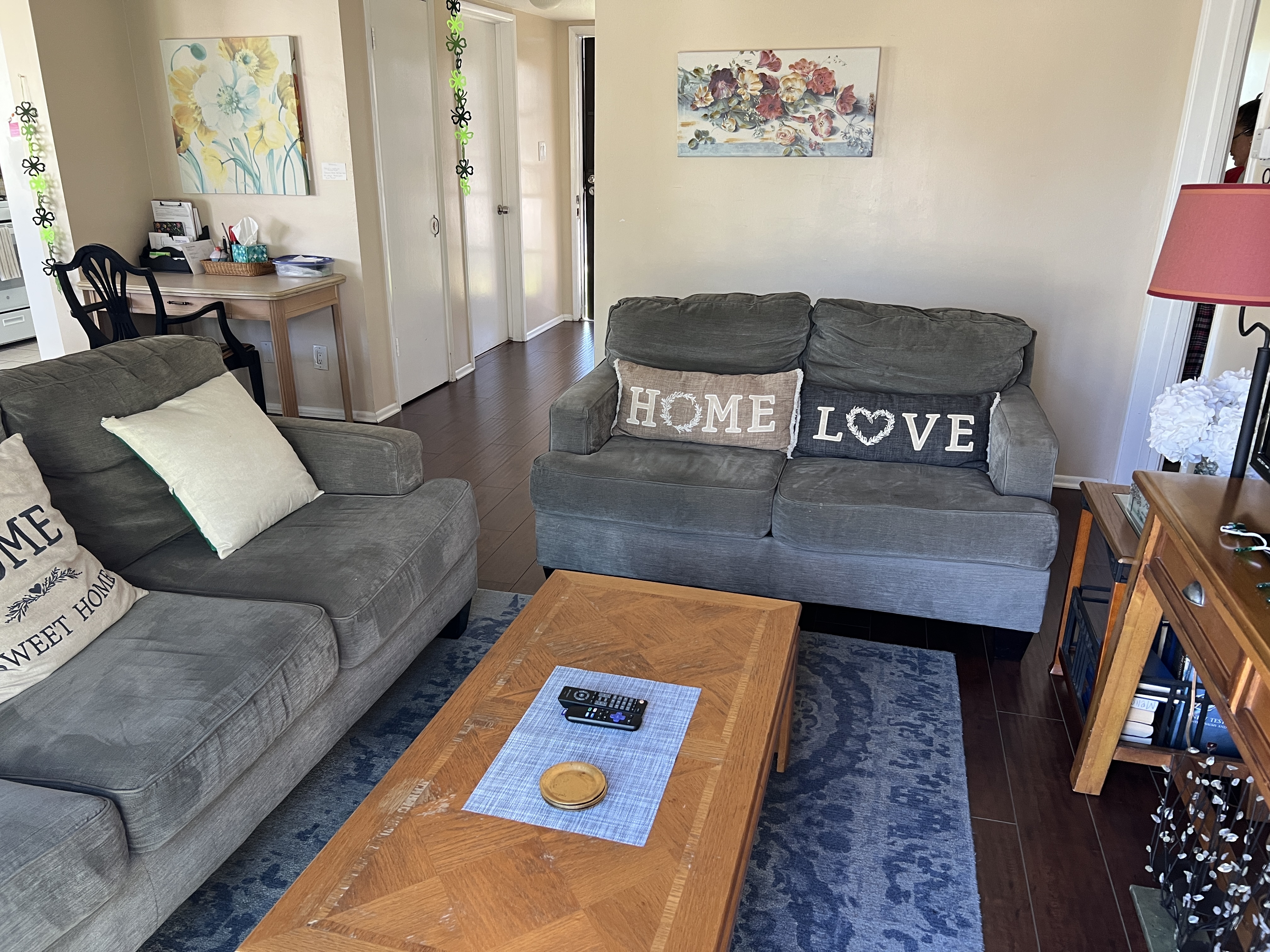 Cozy living room with Home and Love pillows